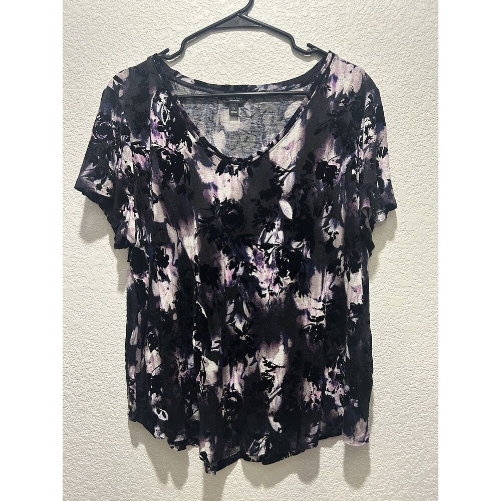 Simply Vera Wang Short Sleeve Top 1X Purple Black Crushed Velvet Dark Romantic